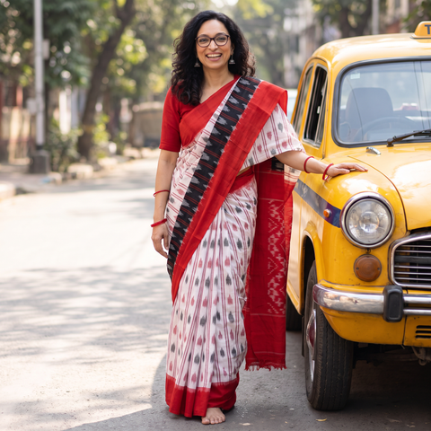 Multicolor Pochampally Ikat Weave Handloom Cotton Saree, draped and worn by a woman, AI visual of the saree, iTokri