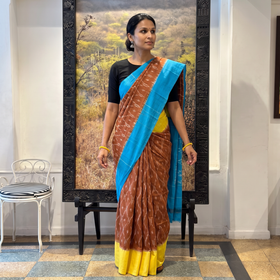 Orange Pochampally Ikat Weave Handloom Cotton Saree, draped and worn by a woman, AI visual of the saree, iTokri