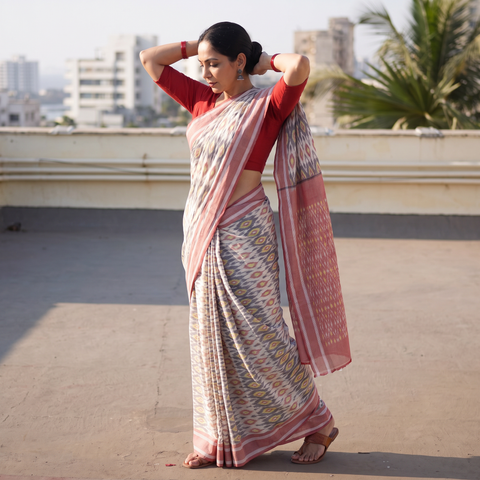 Multicolor Pochampally Ikat Weave Mercerised Cotton Saree, draped and worn by a woman, AI visual of the saree, iTokri