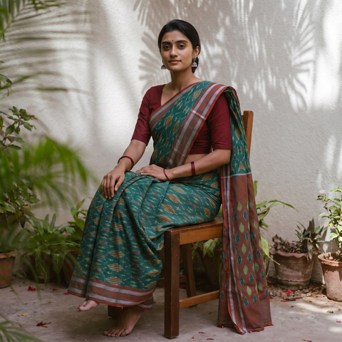 Green Pochampally Ikat Weave Mercerised Cotton Saree, draped and worn by a woman, AI visual of the saree, iTokri