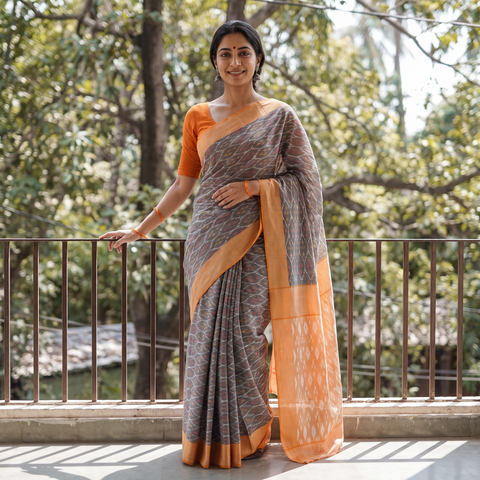 Grey Pochampally Ikat Weave Mercerised Cotton Saree, draped and worn by a woman, AI visual of the saree, iTokri