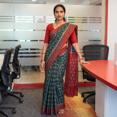 Green Pochampally Ikat Weave Mercerised Cotton Saree, draped and worn by a woman, AI visual of the saree, iTokri