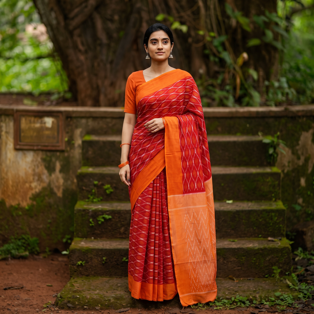 Red Pochampally Ikat Weave Mercerised Cotton Saree, draped and worn by a woman, AI visual of the saree, iTokri