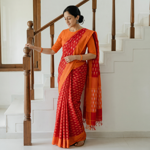 Red Pochampally Ikat Weave Mercerised Cotton Saree, draped and worn by a woman, AI visual of the saree, iTokri