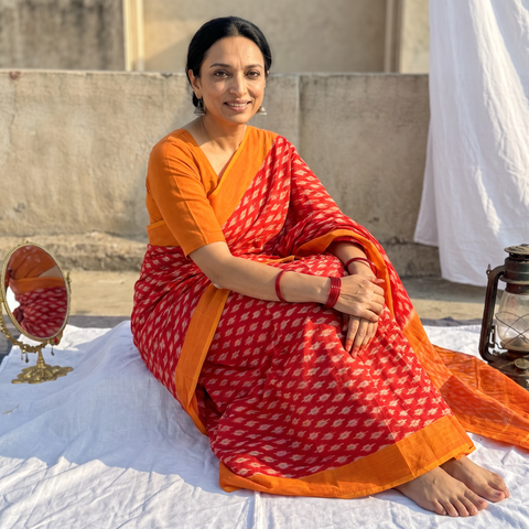 Red Pochampally Ikat Weave Mercerised Cotton Saree, draped and worn by a woman, AI visual of the saree, iTokri