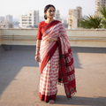 Maroon Pochampally Ikat Weave Pure Handloom Cotton Saree, draped and worn by a woman, AI visual of the saree, iTokri