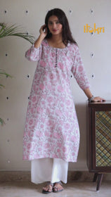 Grey - Sanganeri Block Printed Cotton Long Straight Kurta