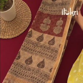 Brown - Pedana Hand Block Print Natural Dyed Kota Doria Cotton Kalamkari Saree 01