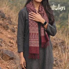 Maroon - Bagh Hand Block Printed Woollen Stole 33