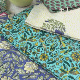 Blue - Hand Block Sanganeri Floral Print Cotton Fabric 02