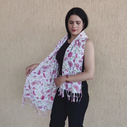 Pink - Bel Red With White Sanganeri Block Printed Cotton Stoles With Tassels