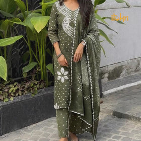 Blue - Bandhani Cotton Kurta with Salwar & Dupatta Set
