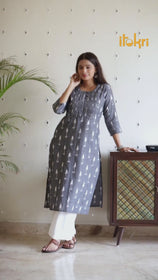 Grey - Pochampally Ikat Weave Cotton Long Straight Kurta 02