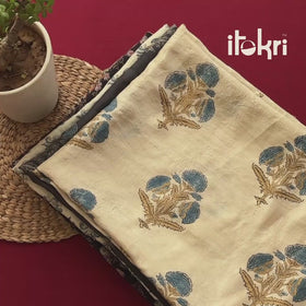 Black - Blcak - Ajrakh Hand Block Print Natural Dyed Handspun Handwoven Mulberry Silk Fabric 11