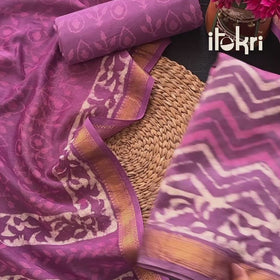 Natural Dyed Bagru Hand Block Print Chanderi Silk Unstitched Dress Material Suit Set 15