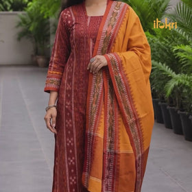 Black - Sambalpuri Ikat Pure Cotton Suit Set with Dupatta for women 10