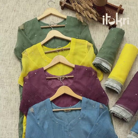 Beige - Sequin Work Plain Kota Doria Cotton Suit Set with Lace Work Dupatta for Women 18