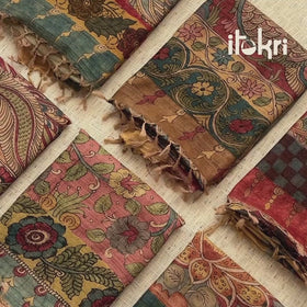 Blue - Pure Handloom Desi Tussar Silk Handpainted Srikalahasti Pen Kalamkari Saree with Zari Border 06