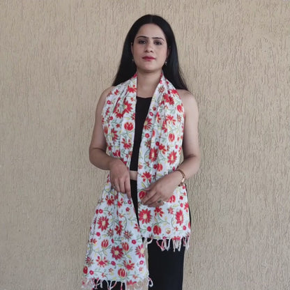 Red - Lotus Flowers Orange With White Sanganeri Block Printed Cotton Stoles With Tassels