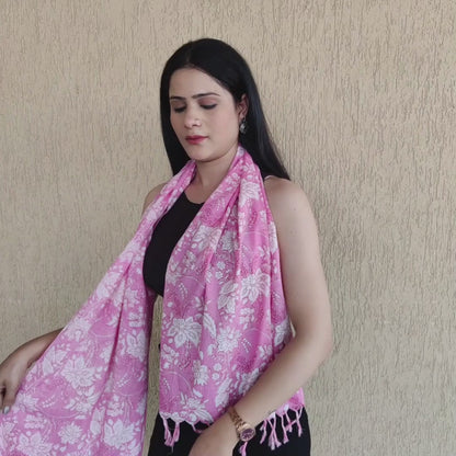 Pink With White Flowers Sanganeri Block Printed Cotton Stole with Tassels