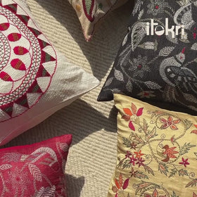 Beige - Bengal Kantha Hand Embroidery Tussar Silk Cushion Cover (16 x 16 in)
