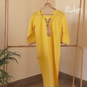 Light Blue - Plain Running Stitch Cotton Pintuck Long Straight Kurta