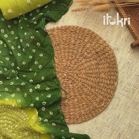 Green - Kutch Bandhani Cotton Unstitched Dress Material: Kurta, Bottom & Crosia Work Dupatta 50