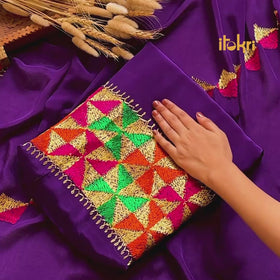 Phulkari Hand Embroidered Crepe Silk 3pc Unstitched Dress Material Suit Set 27