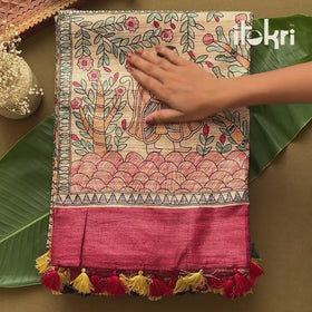 Grey - Madhubani Handpainted Pure Ghicha Tussar Silk Handloom Saree 01