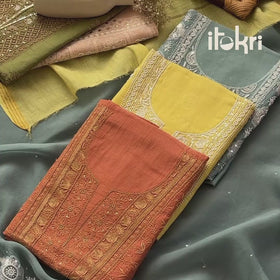 Lucknowi Chikankari Mukaish Work Mul Chanderi Unstitched Dress Material: Kurta, Bottom & Dupatta 07