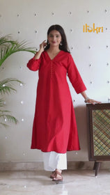 Red - Jacquard Cotton A-Line Kurta 02