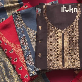 Black - Kutch Hand Block Ajrakh Print Natural Dyed Dola Silk Zari Work 2pc Unstitched Dress Material 02