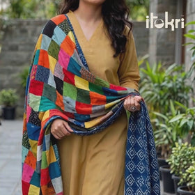 Multicolor - Indigo Reversible Patchwork Cotton Dupatta 28