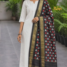 Brown - Handwoven Pochampally Ikat Pure Mulberry Silk Dupatta with Tassels