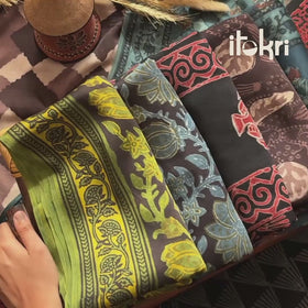 Brown - Modal Silk Hand Block Bagru Print Natural Dyed 2pc Unstitched Dress Material Kurta Set 50
