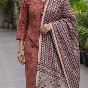 Red - Ajrakh Hand Block Print Natural Dyed Cotton Suit Set with Dupatta for women 01