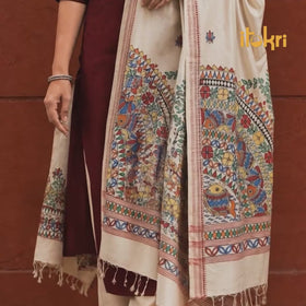 Beige - Handpainted Madhubani Handloom Tussar Cotton Dupatta 07