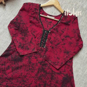 Blue - Sequin Work Hand Batik Print Cotton Short Kurta for Women 17