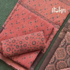 Green - Woolen Ajrakh Hand Block Print Unstitched Dress Material: Kurta, Bottom with Dupatta 06