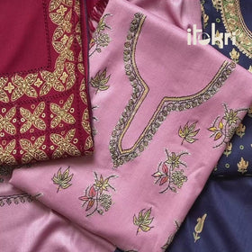Blue - Kashmiri Aari Hand Embroidered Pure Merino Wool Unstitched Dress Material: Kurta, Bottom with Dupatta 26