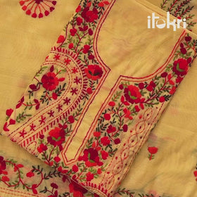 Yellow - Hand Embroidered Muslin 3pc Unstitched Dress Material 21