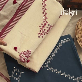 Kutch Bhujodi Handloom Kala Cotton 3pc Unstitched Dress Material Suit Set 01