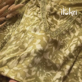Pink - Bagru Vanaspati Block Print Modal Silk Lace Handwork 2pc Unstitched Dress Material Kurta Set 02