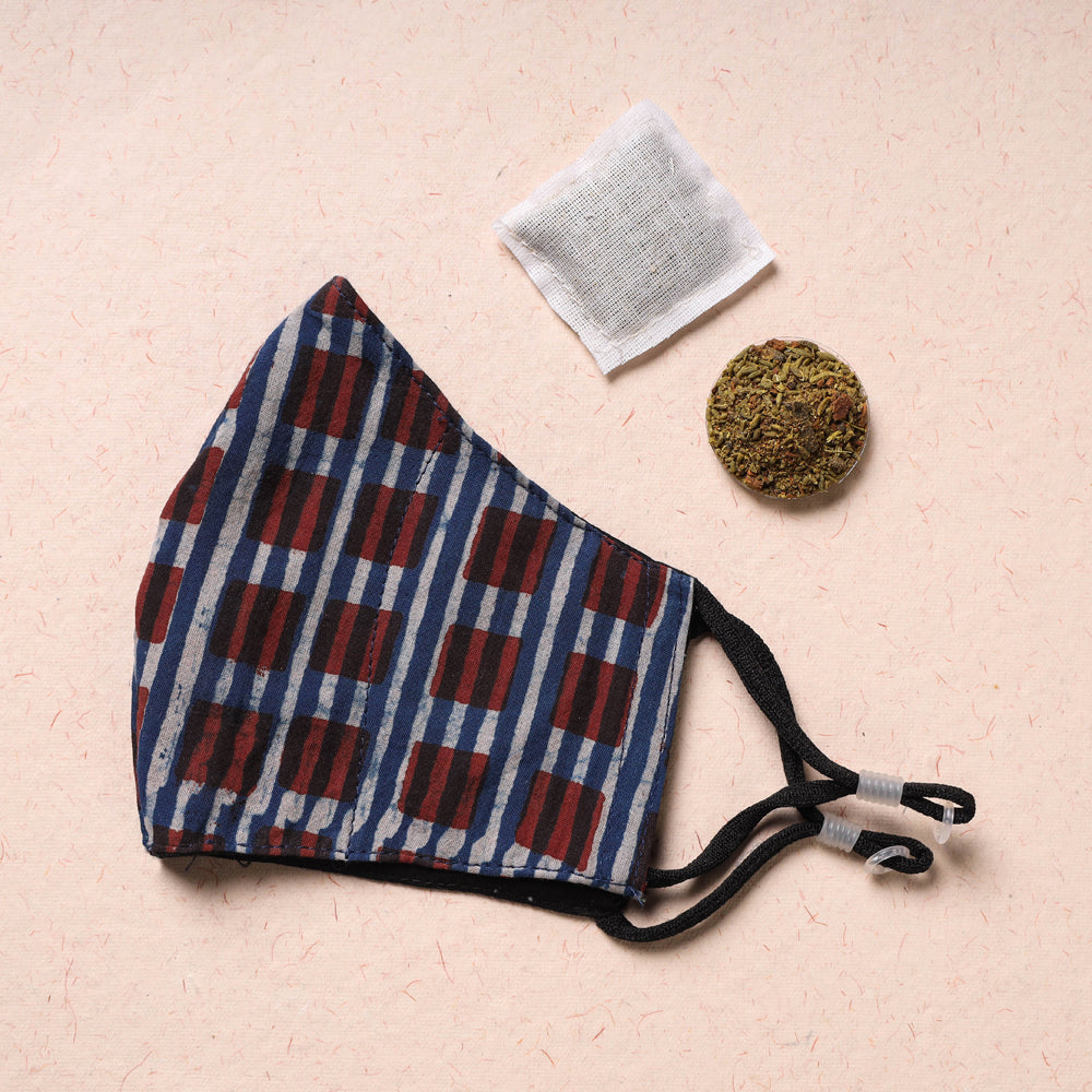  Block Printed  Cotton 3 Layer Snug Fit Face Cover with Herb Pocket 