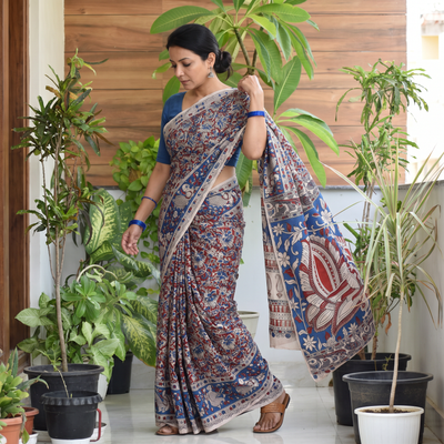 Beige Printed Cotton Kalamkari Saree, draped and worn by a woman, AI visual of the saree, iTokri