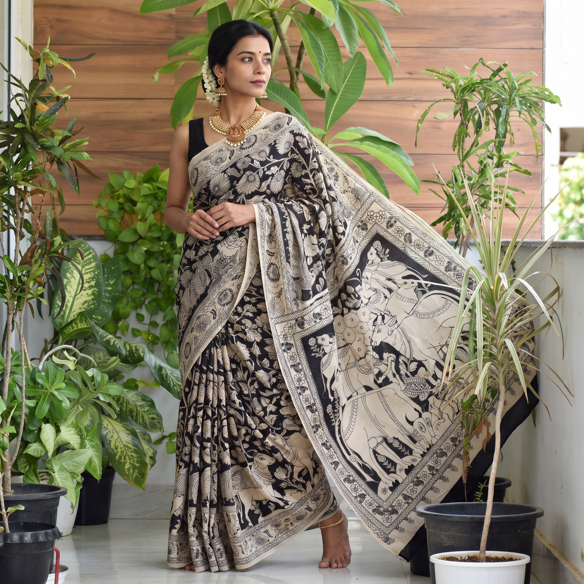 Black Printed Cotton Kalamkari Saree, draped and worn by a woman, AI visual of the saree, iTokri