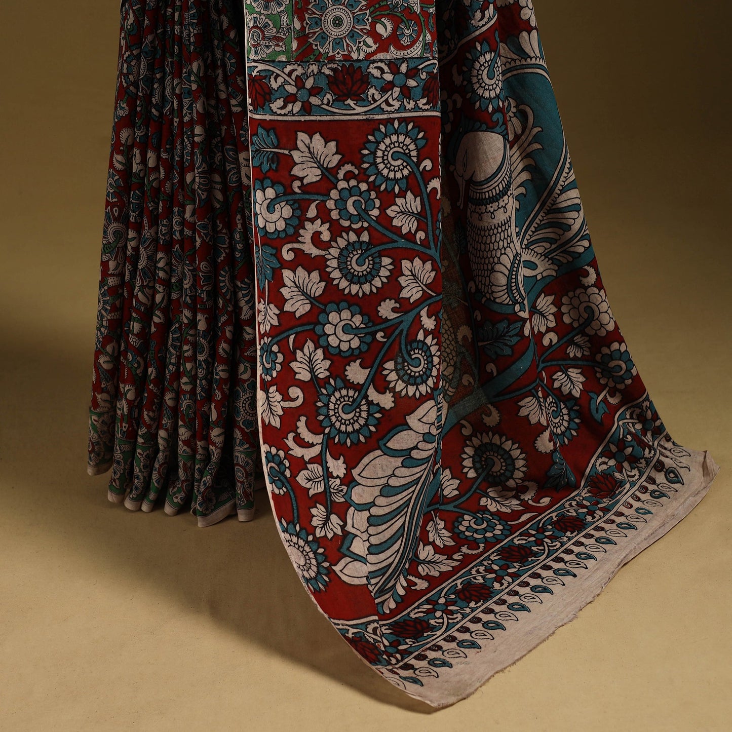 Printed cotton kalamkari saree 08 - handcrafted