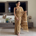 Yellow Printed Cotton Kalamkari Saree, draped and worn by a woman, AI visual of the saree, iTokri