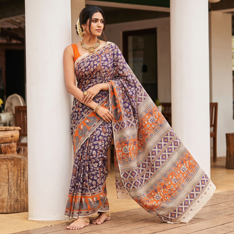 Purple Printed Cotton Kalamkari Saree, draped and worn by a woman, AI visual of the saree, iTokri