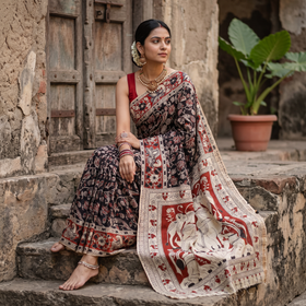 Black Printed Cotton Kalamkari Saree, draped and worn by a woman, AI visual of the saree, iTokri